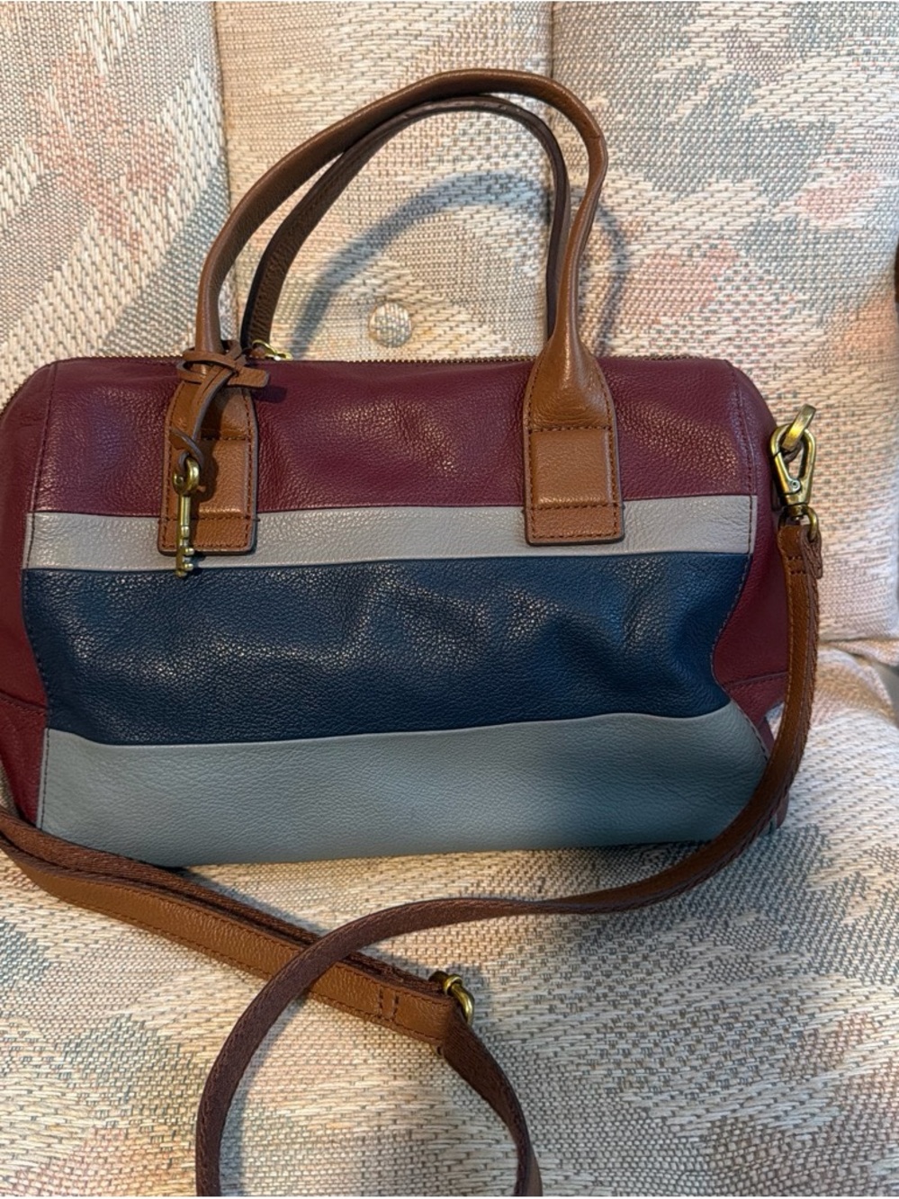 Fossil Leather Colorblock Satchel Bag - Burgundy, Navy & Light Gray